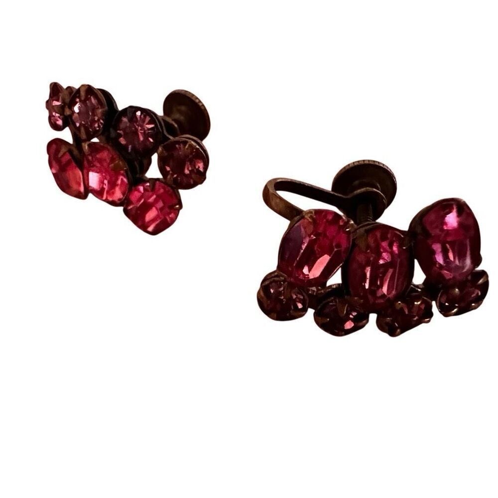 Pink rhinestone brass clip on earrings - Picture 5 of 8